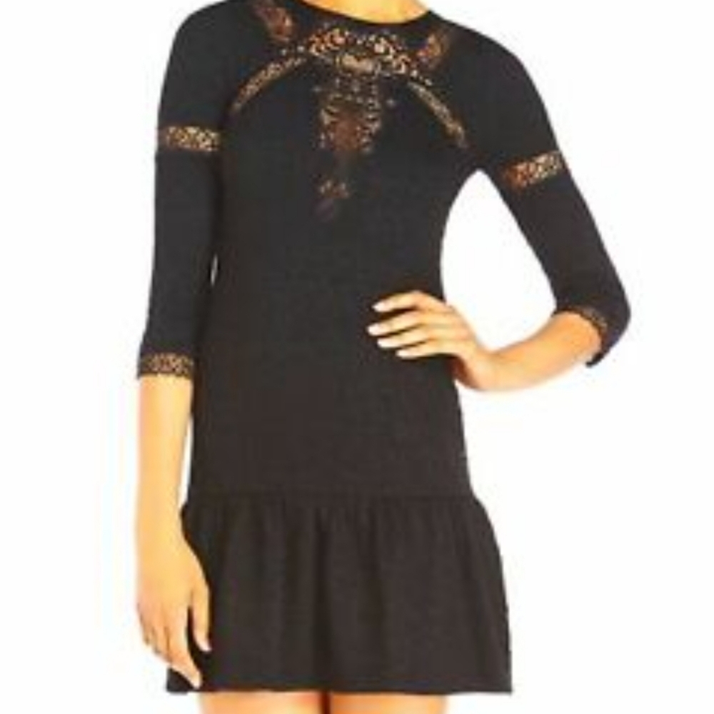 The Kooples black lace detail drop waist animal textured mini dress